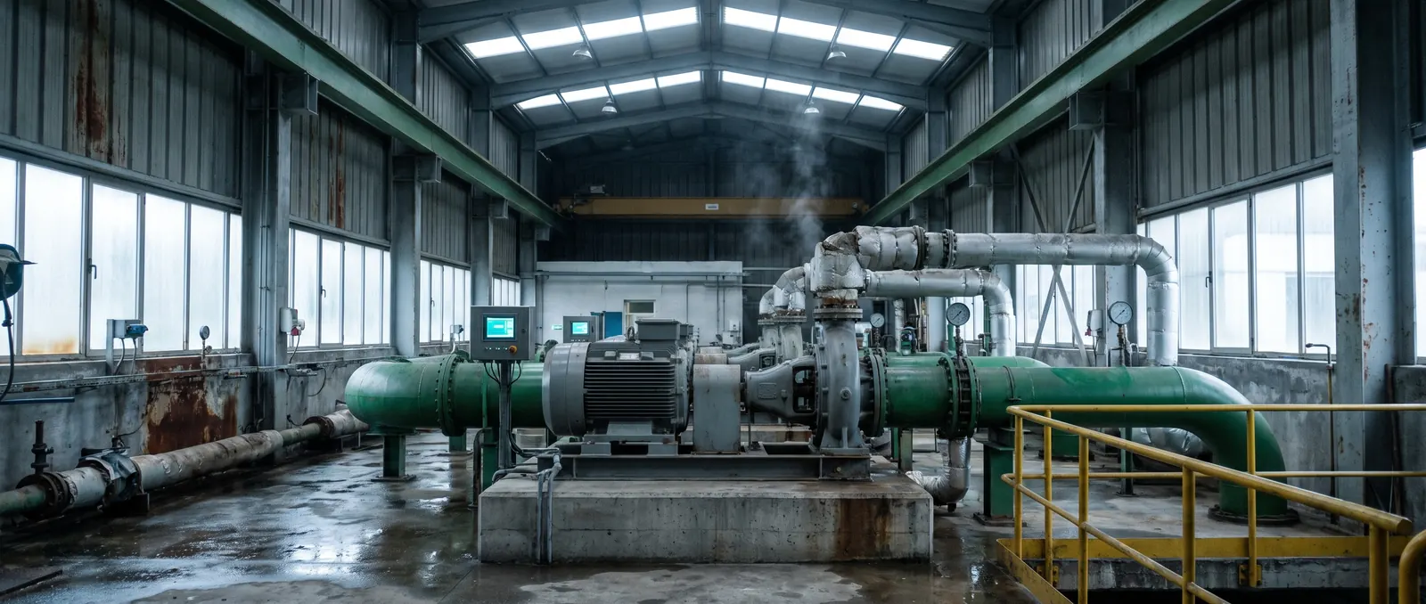 Sala de bombeo de una estación de tratamiento de agua, con dos bombas centrífugas sobre bancada de hormigón y colectores de tubería pintados en verde industrial
