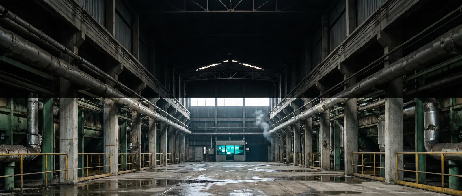 Nave industrial de gran altura vista desde el pasillo central, con la cabina de control iluminada al fondo