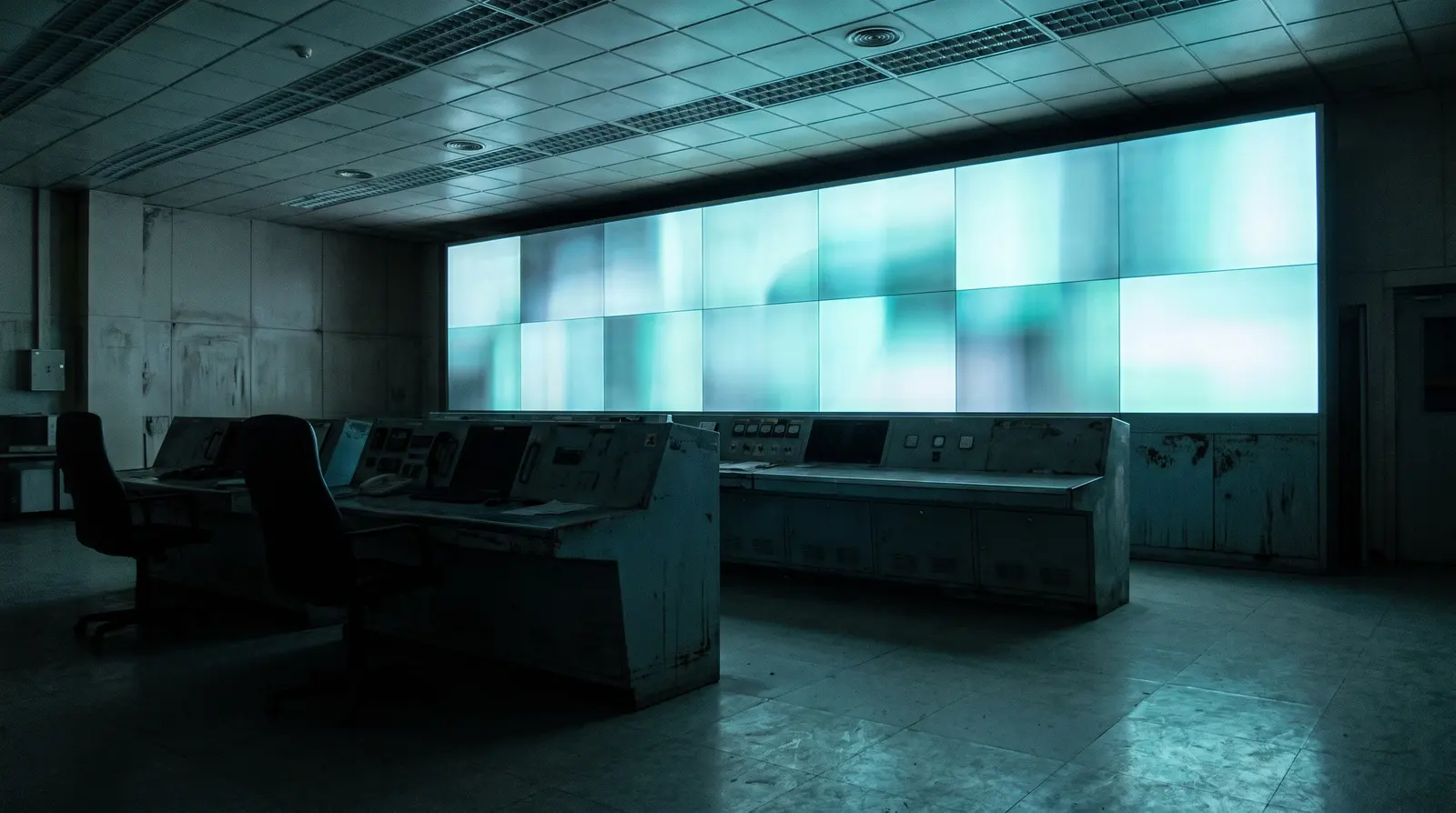 Sala de control en penumbra con la pared de pantallas encendida como única fuente de luz
