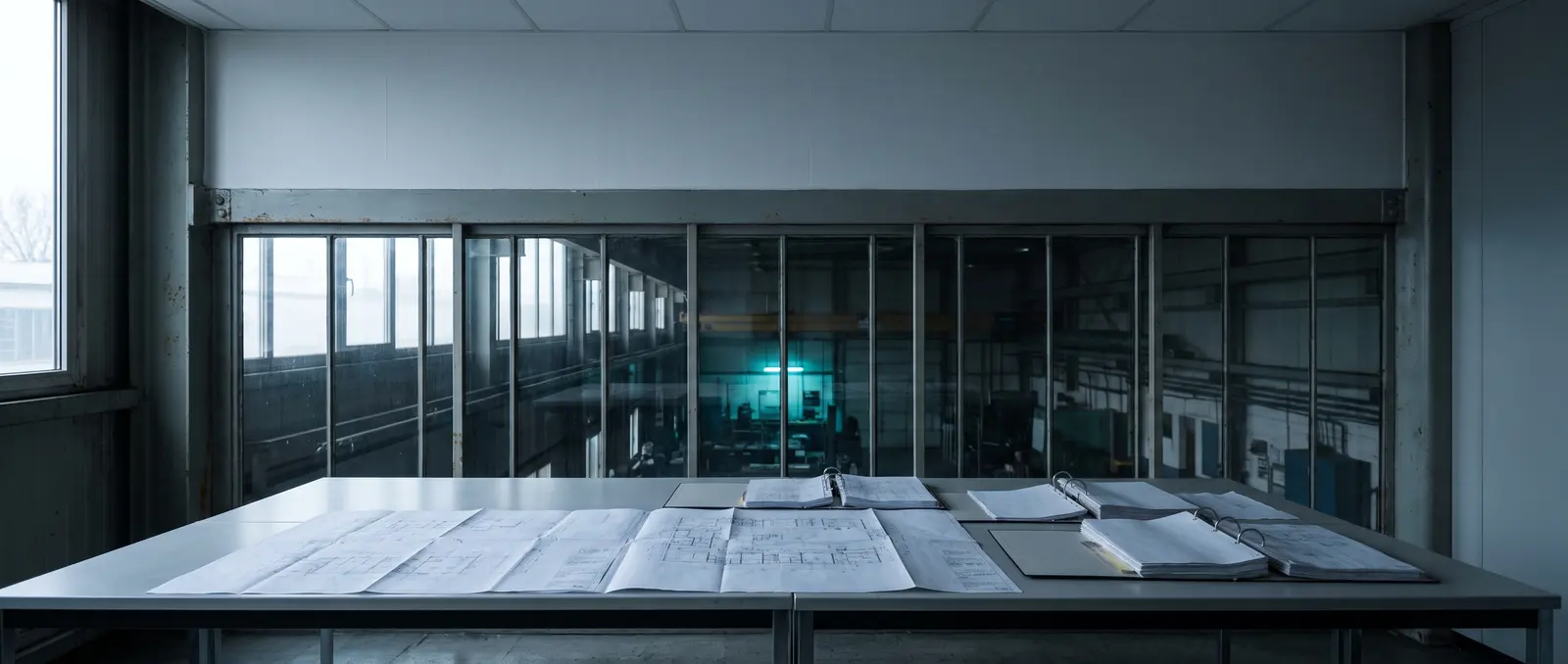 Sala técnica con planos desplegados sobre la mesa y un ventanal que da a la nave
