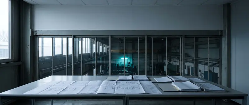 Sala técnica con planos abiertos sobre la mesa y un ventanal que da a la nave
