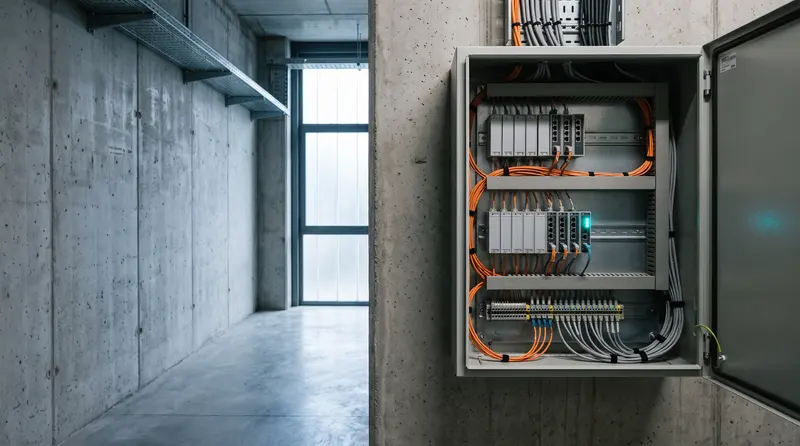 Armario de comunicaciones industrial abierto, con switches de raíl DIN y fibra peinada