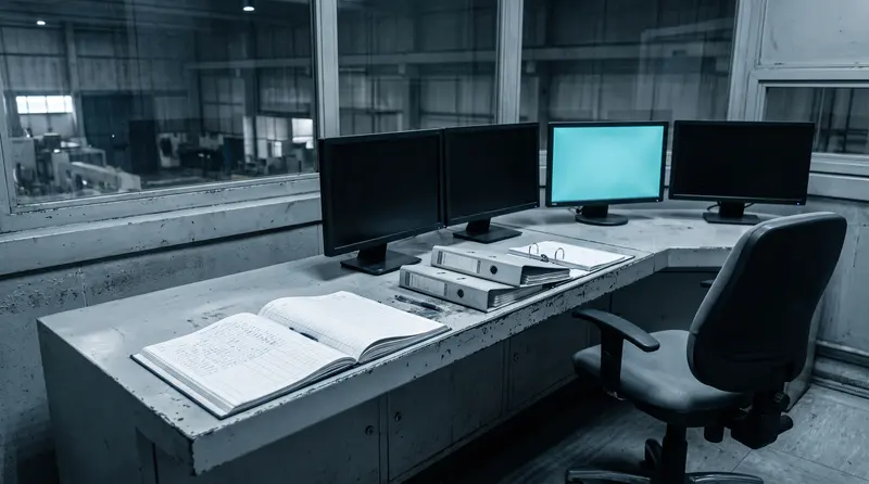 Sala de control vacía en el cambio de turno, con el cuaderno de partes abierto sobre la mesa