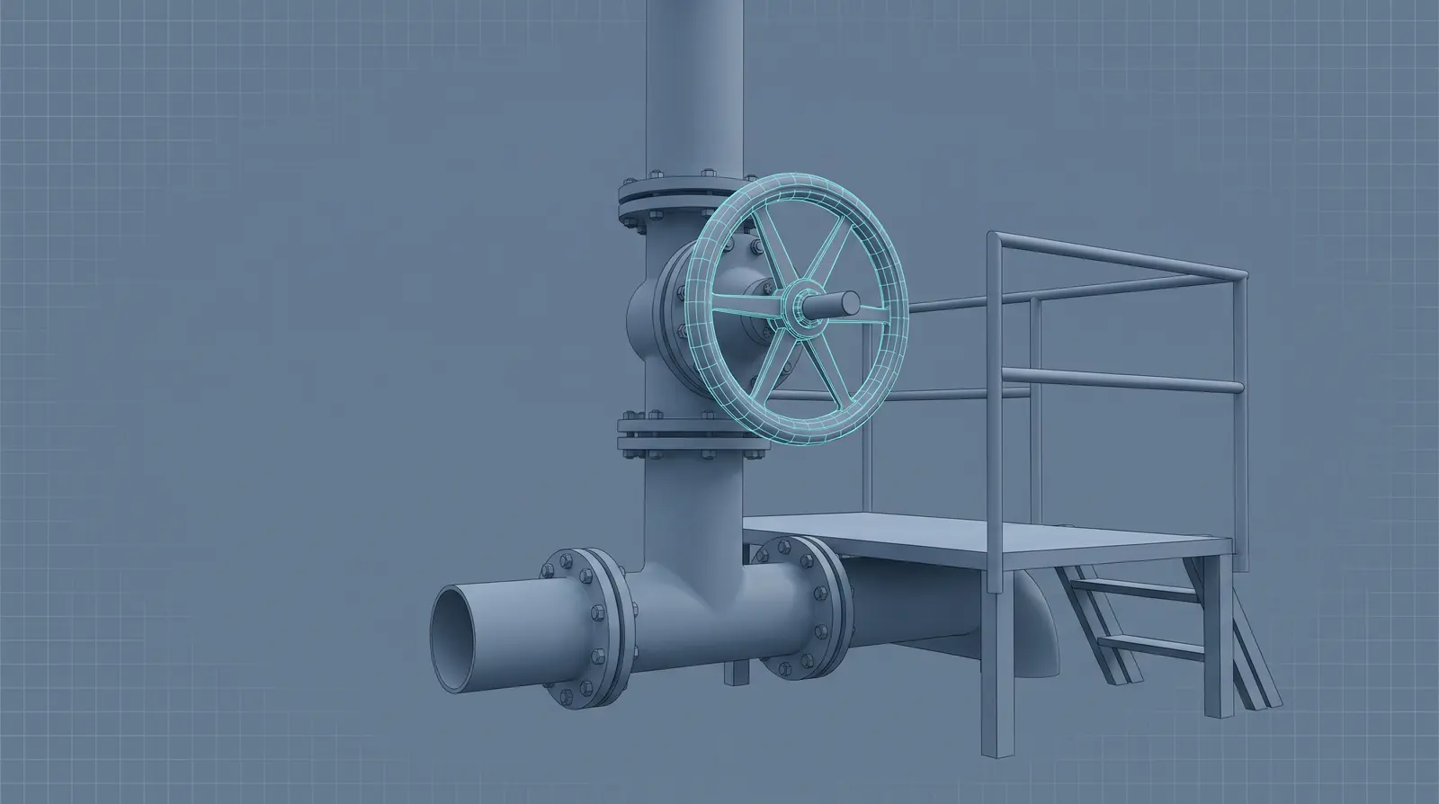 Reconstrucción 3D de una estación de válvulas sobre una tubería industrial, con su pasarela, su escalera y el volante dibujado en malla de alambre