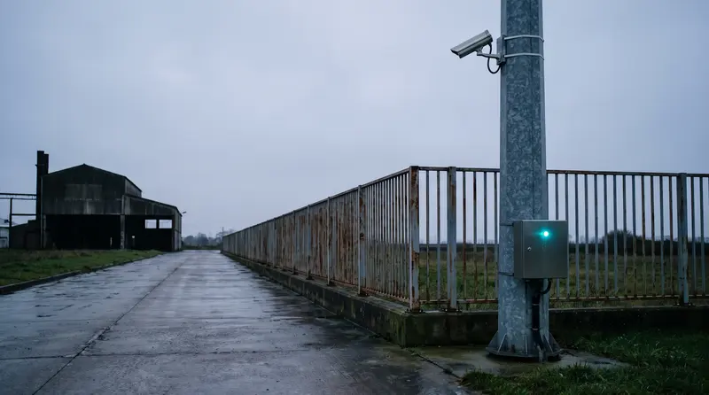 Mástil con cámara de vigilancia sobre el vial de acceso a una instalación, al final de la tarde