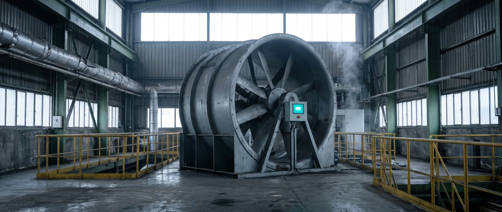 Ventilador axial de ventilación industrial de gran diámetro montado en su virola de acero dentro de una nave de montaje