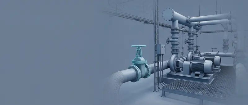 Reconstrucción 3D de una sala de bombas con una válvula resaltada sobre el resto de la instalación